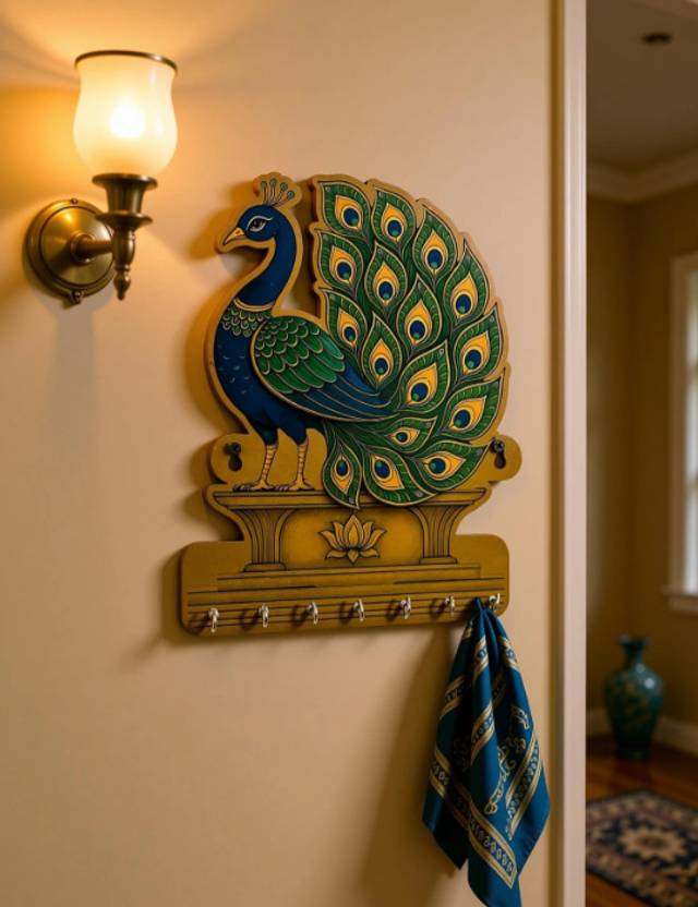 Bholaparvati peacockFamily Wall Decor Styish Keychain Holder Wood Key Holder
