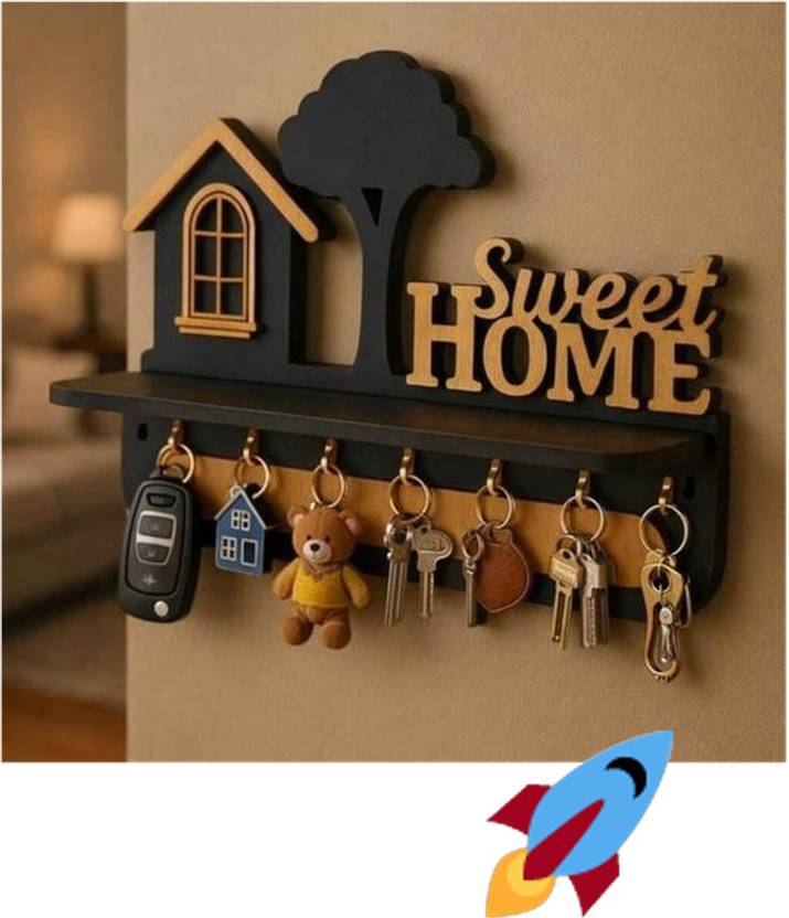 Keystandwooden Sweet Home Key Holder Wooden Wall Decor with Hooks Wood Key Holder