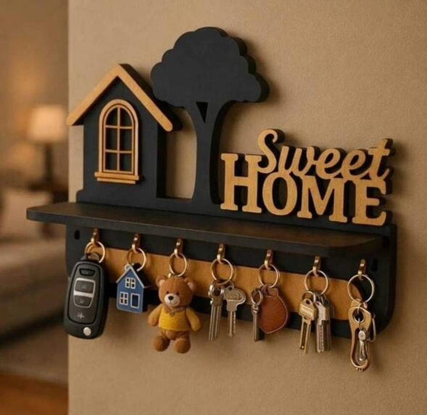 Keystandwooden MDF Wooden Wall Key Holder with Hooks and Decorative Design Wood Key Holder