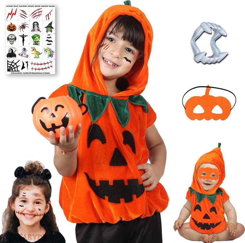 Aavashyak Halloween Pumpkin Dress, Cap, 4 Addons Costume For Kids | Fancy Dress Set Kids Costume Wear