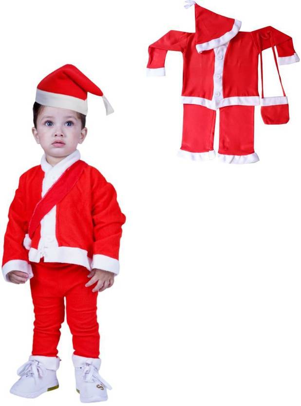 ITSMYCOSTUME Santa Claus Costume Dress Kids Christmas Set of 4 -Jacket,Pant,Hat,Pouch Kids Costume Wear