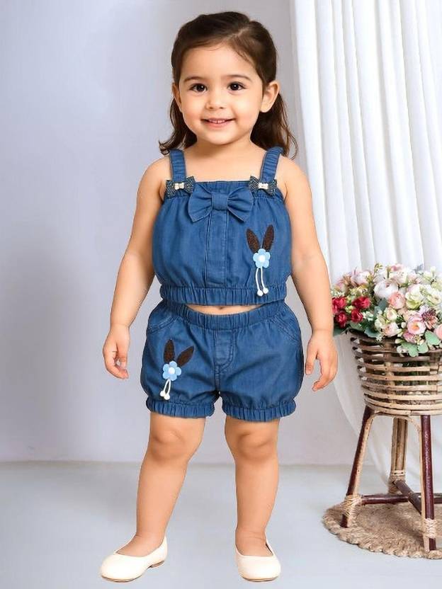 Moonlight Romper For Baby Girls Party Solid Denim