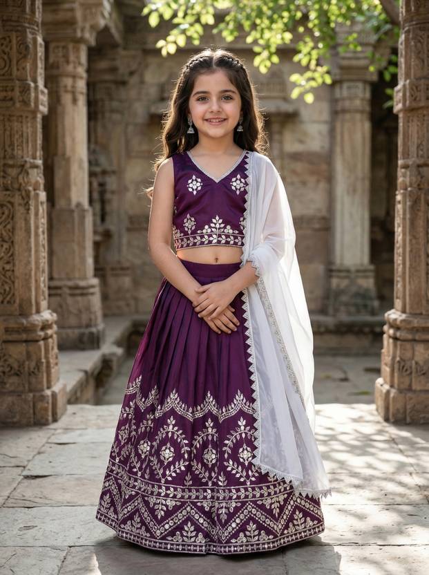 Tejam Indi Girls Lehenga Choli Ethnic Wear Embroidered Lehenga, Choli and Dupatta Set