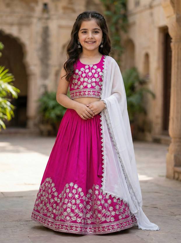 Tejam Indi Girls Lehenga Choli Ethnic Wear Embroidered Lehenga, Choli and Dupatta Set