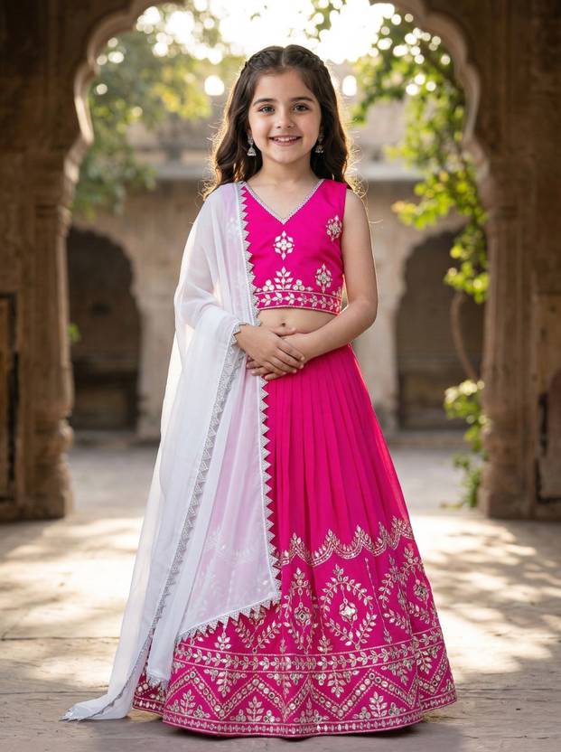 Tejam Indi Girls Lehenga Choli Ethnic Wear Embroidered Lehenga, Choli and Dupatta Set