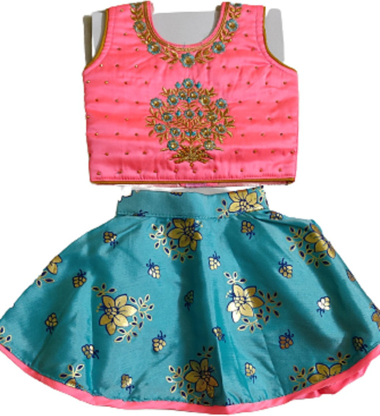PK HUB Girls Cotton Printed Lehenga Choli Set - Red Traditional Indian Dress, Size 3-4 Years