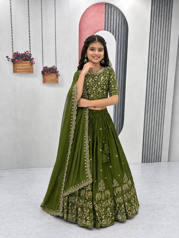 AAYUSHYAM ENTERPRISE Indi Girls Lehenga Choli Party Wear Embroidered Lehenga, Choli and Dupatta Set
