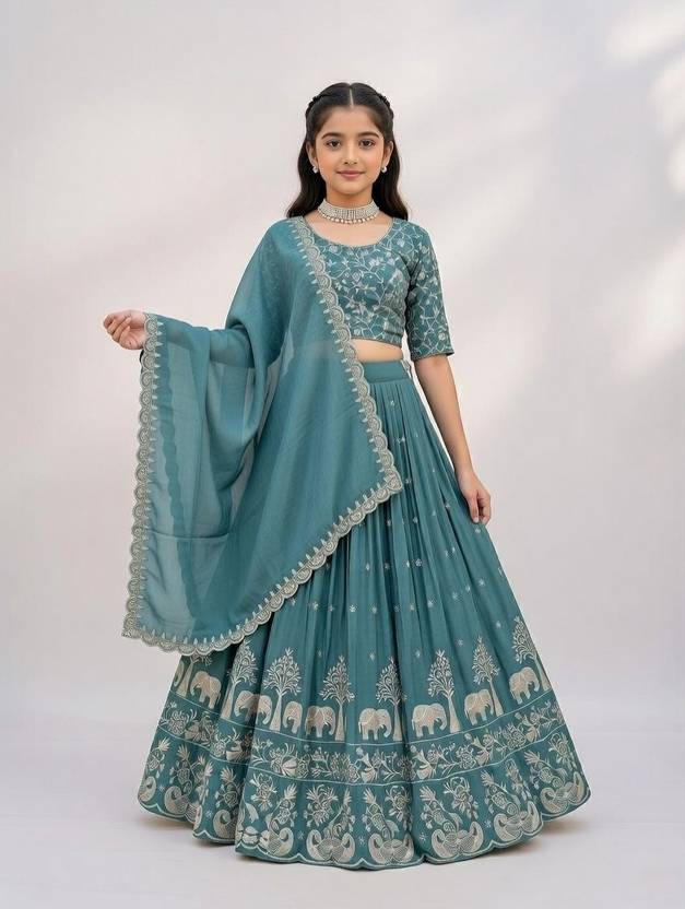Closin Girls Lehenga Choli Ethnic Wear Embroidered Lehenga, Choli and Dupatta Set