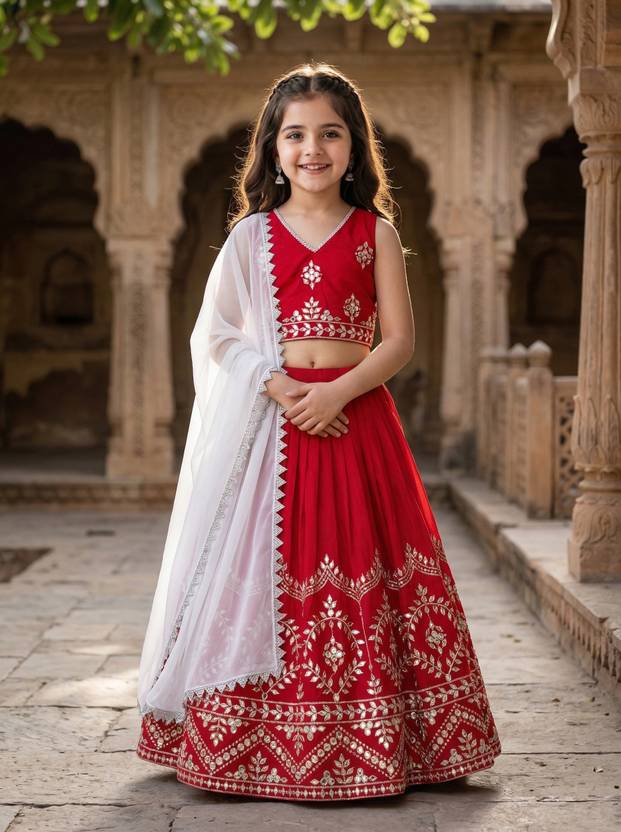 Tejam Indi Girls Lehenga Choli Ethnic Wear Embroidered Lehenga, Choli and Dupatta Set
