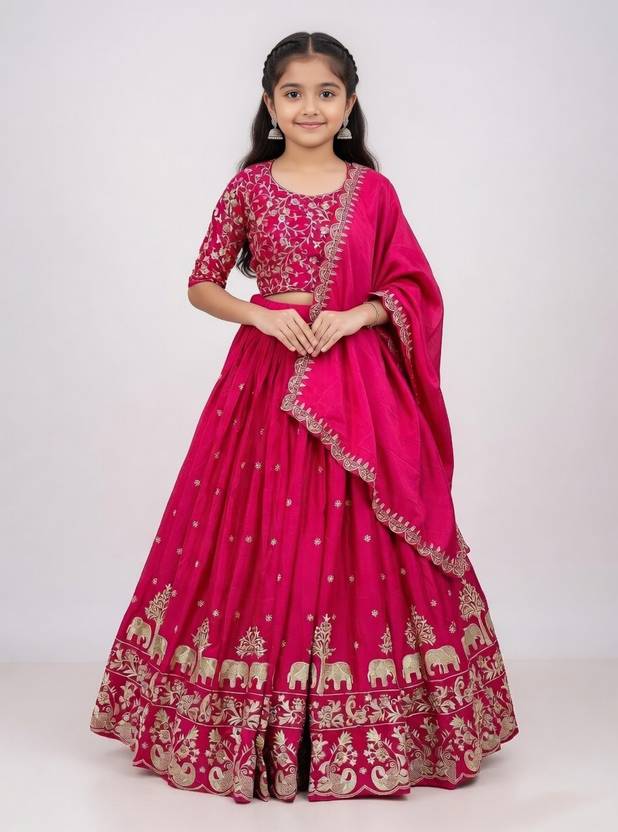 Closin Girls Lehenga Choli Ethnic Wear Embroidered Lehenga, Choli and Dupatta Set