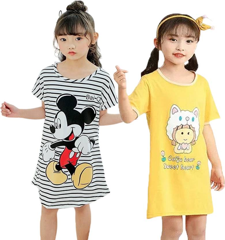 Dreamz Kids Nightwear Baby Girls Striped, Graphic Print Cotton Blend