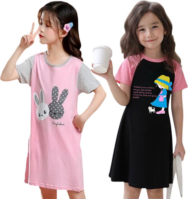Dreamz Baby Girls Striped, Graphic Print Cotton Blend Kids Nightwear