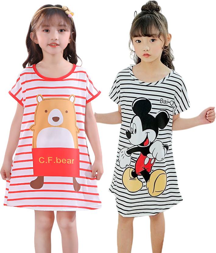 Dreamz Baby Girls Striped, Graphic Print Cotton Blend Kids Nightwear