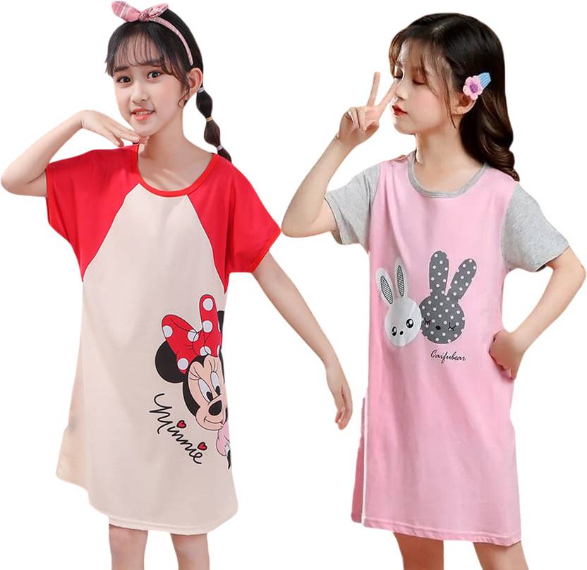 Dreamz Kids Nightwear Baby Girls Striped, Graphic Print Cotton Blend