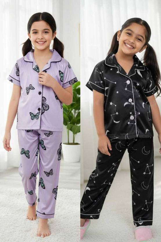 Aasman Enterprise Girls Printed Cotton Blend Kids Nightwear