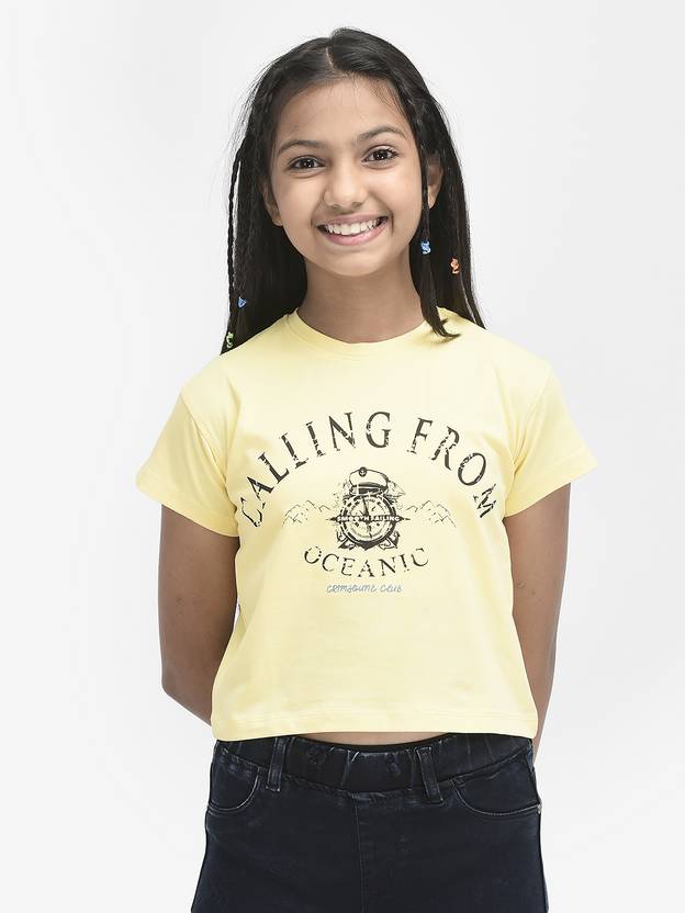CRIMSOUNE CLUB Girls Typography, Printed Cotton Blend Regular T Shirt
