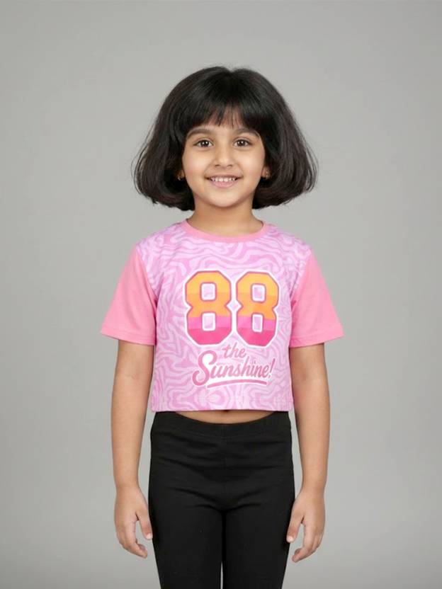 KiddoPanti Girls Typography, Animal Print, Printed, Graphic Print Polyester Regular T Shirt