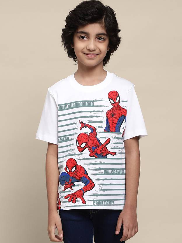 Spiderman By Kidsville Boys Striped, Graphic Print Pure Cotton Regular T Shirt