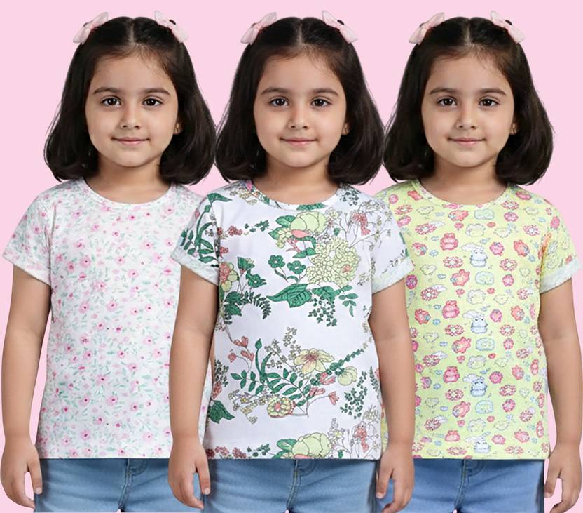 SUPERSQUAD Baby Girls Floral Print, Printed, Graphic Print Pure Cotton Regular T Shirt