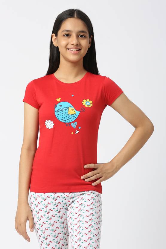 SINI MINI Girls Printed Pure Cotton Regular T Shirt
