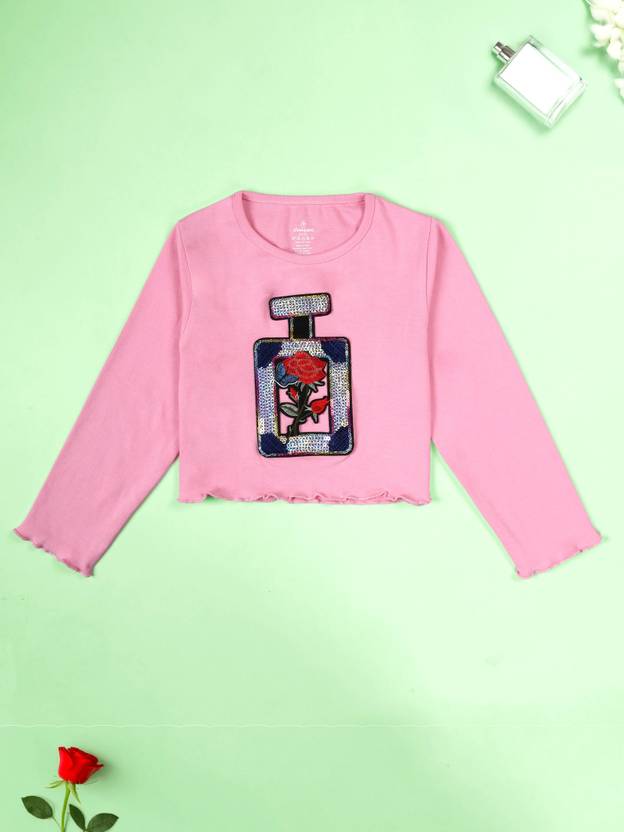 KiddoPanti Girls Embroidered Pure Cotton Regular T Shirt