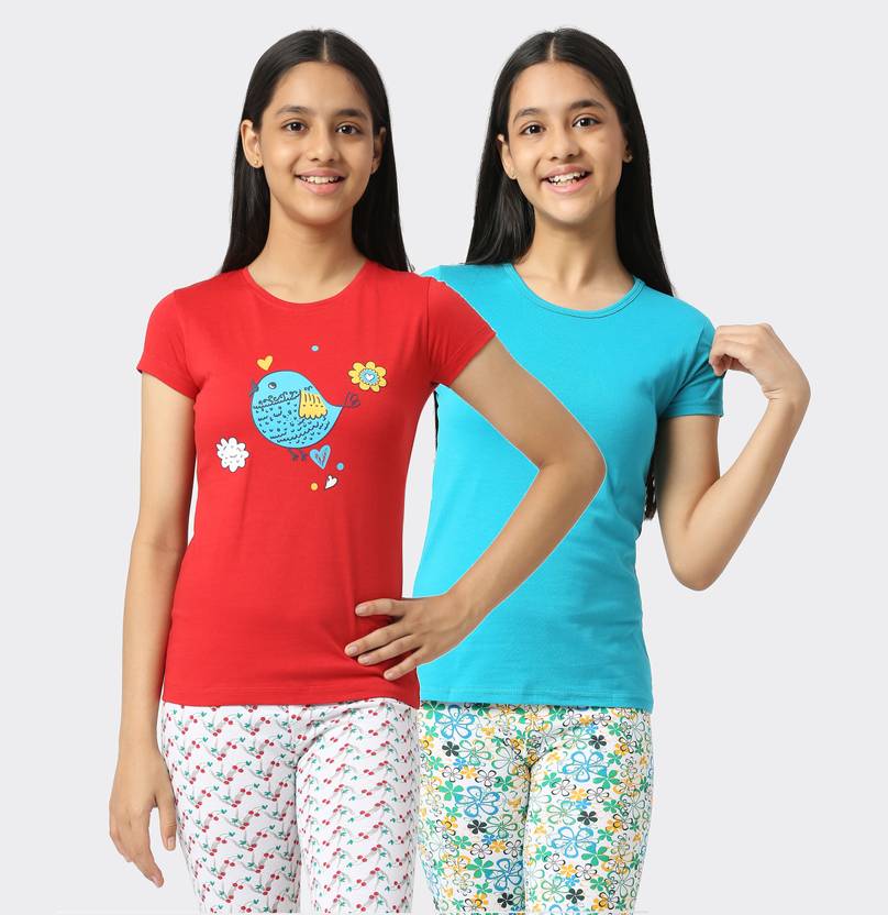 SINI MINI Girls Printed Pure Cotton Regular T Shirt