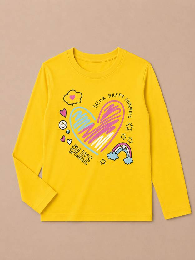 HELLO YELLOW Girls Printed Pure Cotton Regular T Shirt
