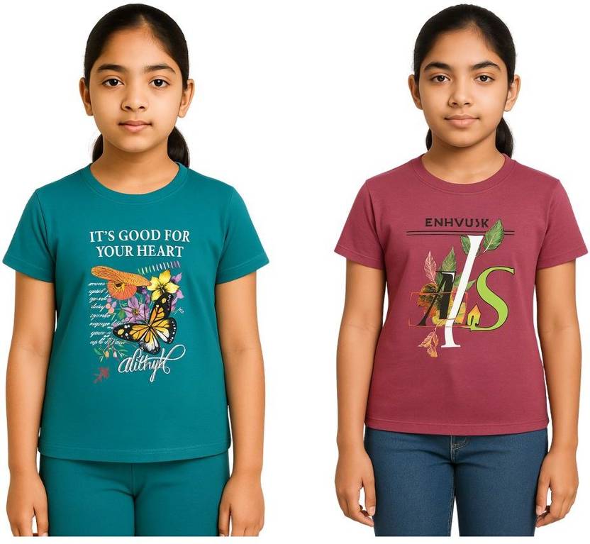 BARATHIDEVI TEX Girls Printed Cotton Blend Regular T Shirt