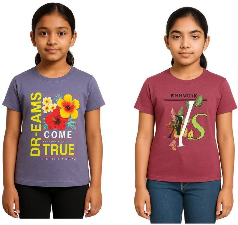 BARATHIDEVI TEX Girls Printed Cotton Blend Regular T Shirt
