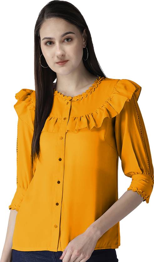 ORIEX THE ORIGINAL FASHION Casual Ruffled Sleeves Solid Women Yellow Top