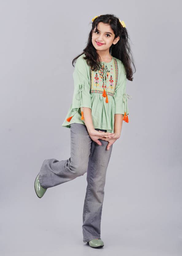 DMP FASHION Girls Regular Fit Embroidered Collarless Collar Casual Shirt