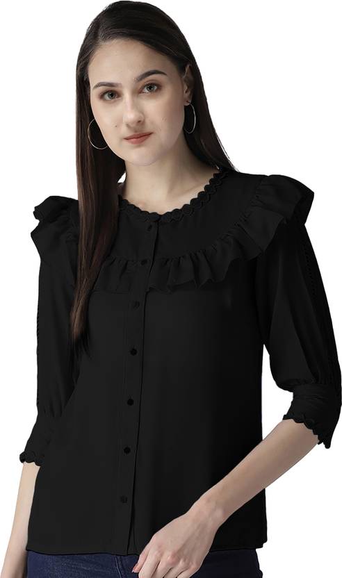 ORIEX THE ORIGINAL FASHION Casual Ruffled Sleeves Solid Women Black Top
