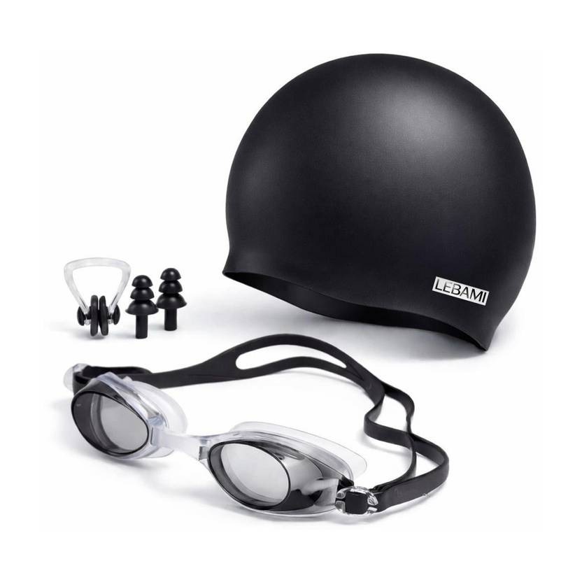 Lebami 100% Silicone Anti Fog Swimming Goggles, Cap, Earplug & Noseplug Set (Black) Swimming Kit