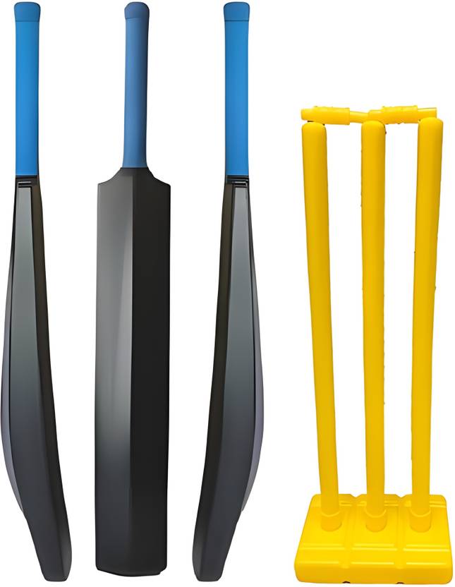 kickmixsports cricket combo set pvc plastic bat stump 3 stumps 2 bails 1 base kit
