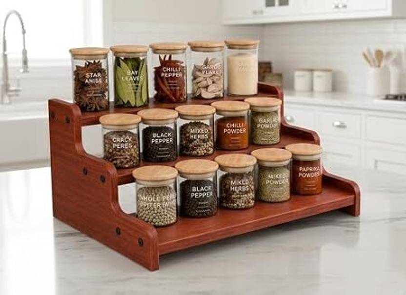 BESTQUALITY Utensil Kitchen Rack Wood 3-tier design storing spice jars, tea, coffee, oil bottles, cups and utensils.