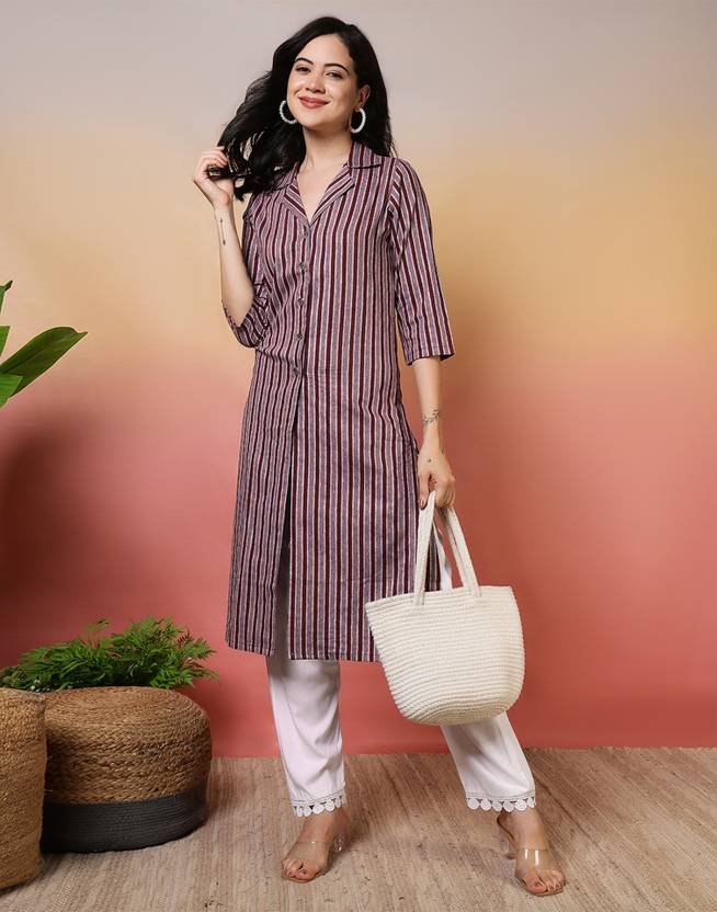 Divastri Striped Cotton Blend, Jacquard A-line Kurta for Women