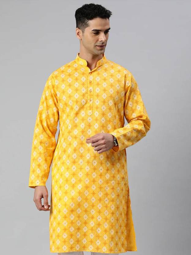 Colorbenz Men Printed Cotton Blend Straight Kurta (Gold)