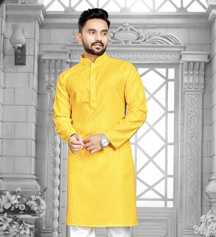 Tezys Men Striped, Self Design Cotton Blend Straight Kurta (Yellow)