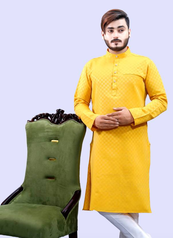 Tibra Collection Men Solid Cotton Blend Straight Kurta (Yellow)