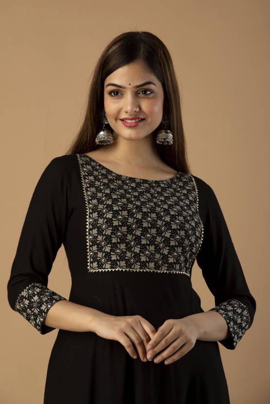 Women Printed Viscose Rayon Anarkali Kurta Black