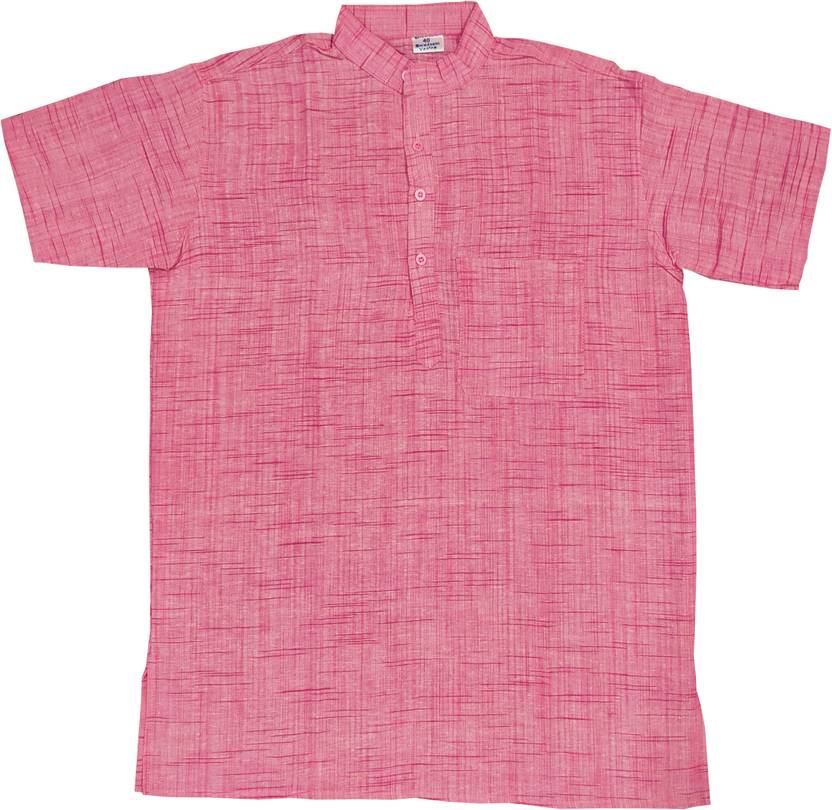 fincart Men Solid Khadi Cotton Straight Kurta (Pink)