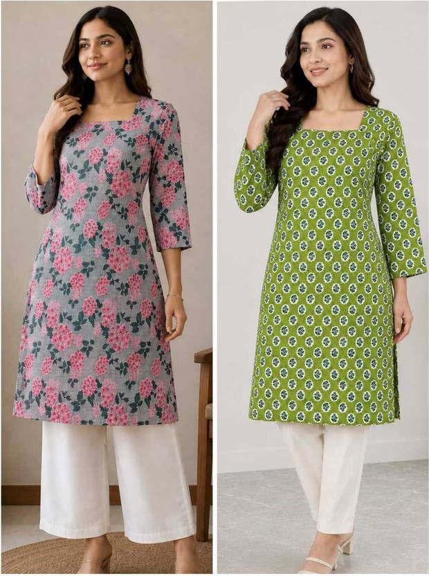 INDOFABRIC Pack of 2 Printed Cotton Blend Straight Kurta for Women