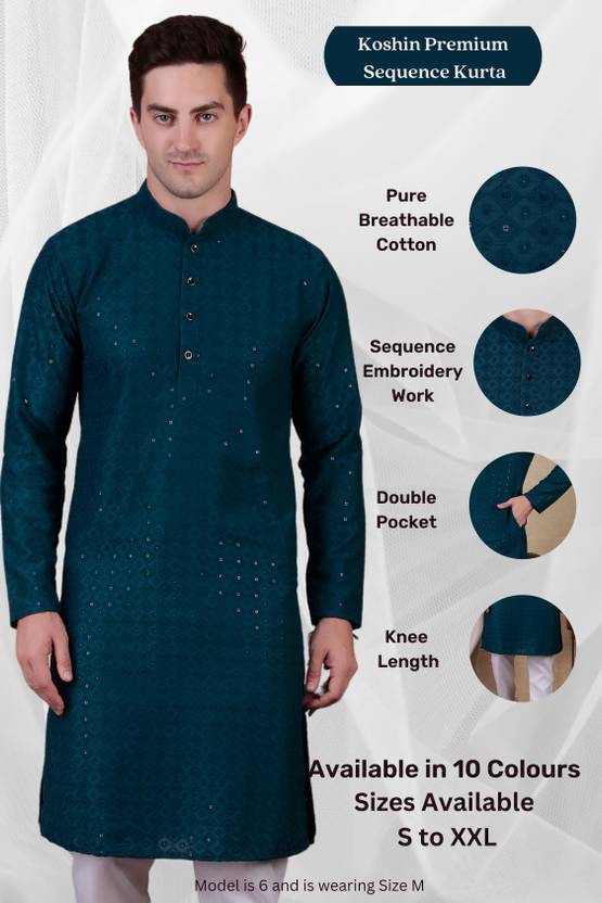Koshin Men Paisley, Embroidered Cotton Blend Straight Kurta (Dark Blue)
