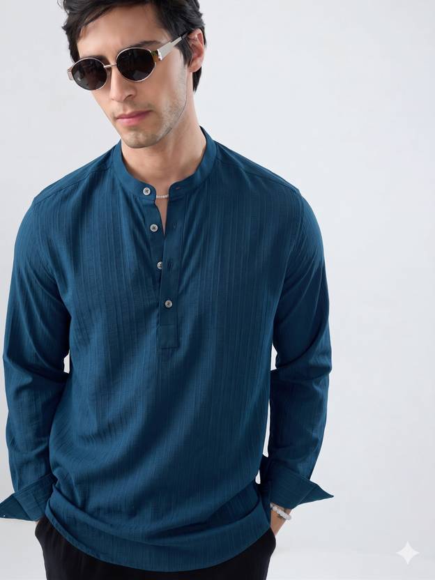 ADHIRAJAN Self Design Cotton Blend Straight Kurta for Men