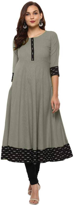Women Printed, Solid Cotton Blend Anarkali Kurta  (Grey)