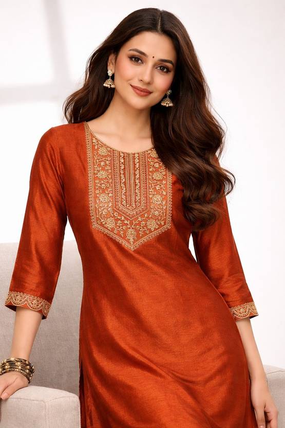 Hritika Embroidered Silk Blend Straight Kurta for Women