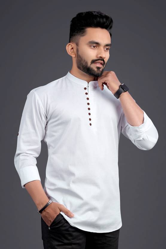Men Solid Cotton Blend Straight Kurta  (White)