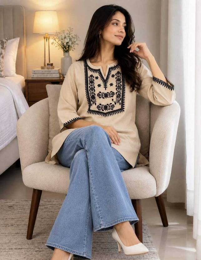 VEROGER Embroidered Pure Cotton Straight Kurta for Women