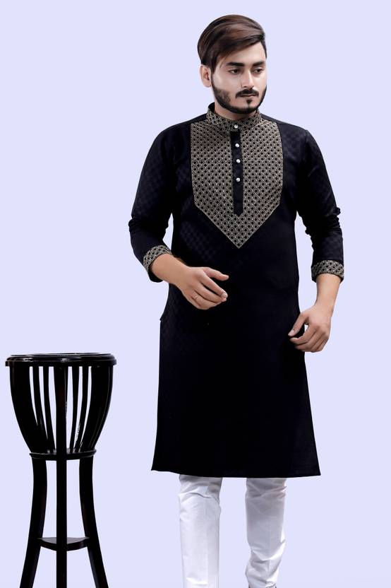 Tibra Collection Men Embroidered Cotton Blend Straight Kurta (Black)