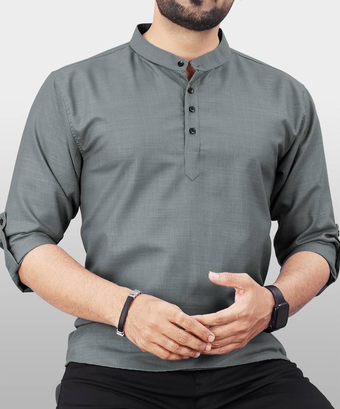 VeBNoR Men Solid Polyester Straight Kurta (Grey)